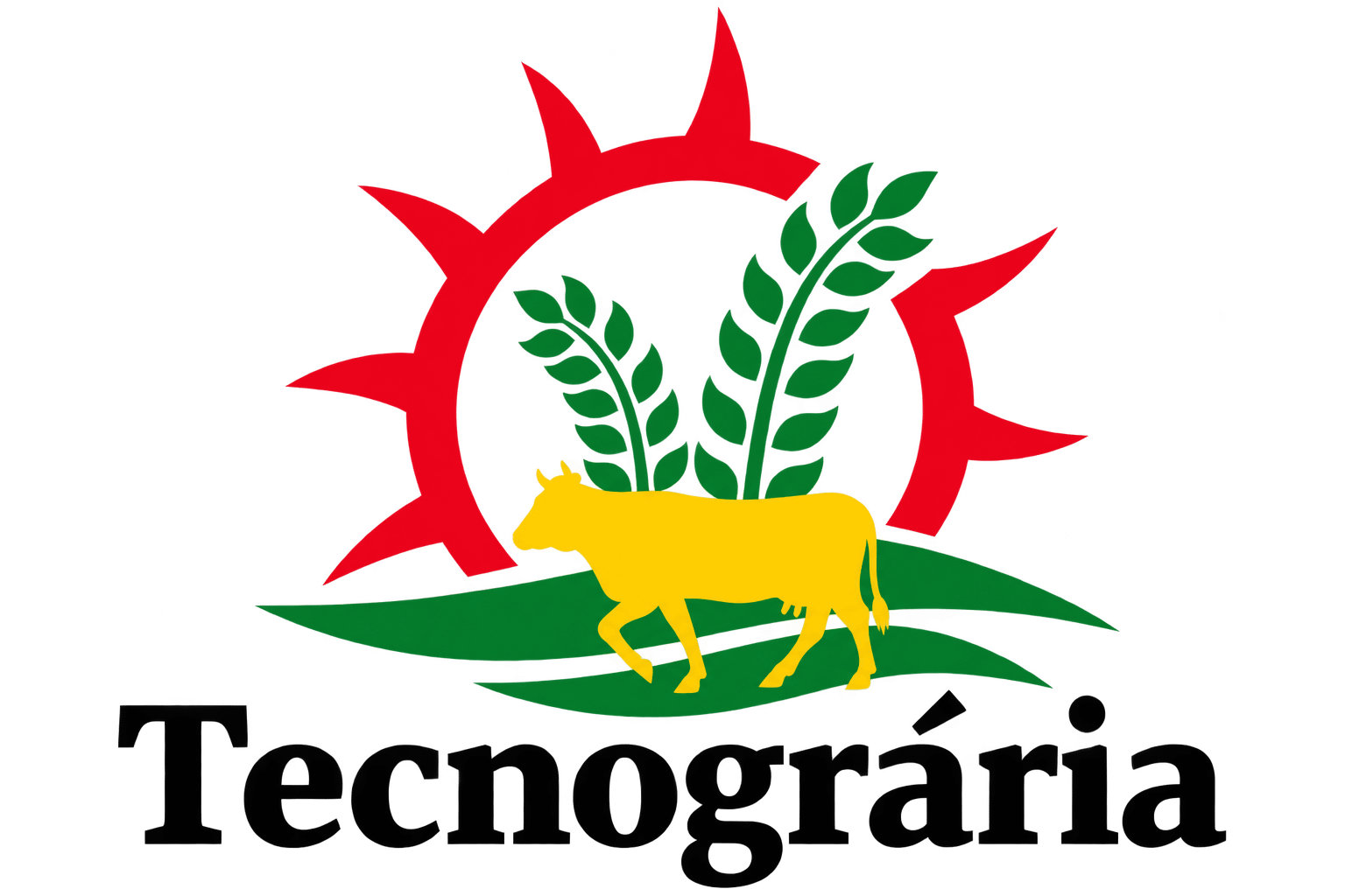 Tecnográria Lda logo featuring a yellow cow, green wheat stalks, and a red sunburst representing regenerative agriculture and rural resilience in Mozambique.