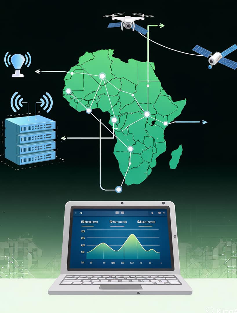 Digital MRV illustration showing Africa connected to drones, satellites, and a laptop dashboard, representing CarbonOps™ environmental intelligence and carbon tracking.